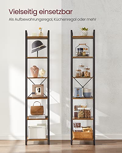 VASAGLE Regal, Bücherregal, Standregal, DVD-Regal, mit 6 Ebenen, Büroregal, offene Ablagen, für Büro, Wohnzimmer, Schlafzimmer, Küche, 30 x 40 x 186 cm, vintagebraun-tintenschwarz LLS101B01