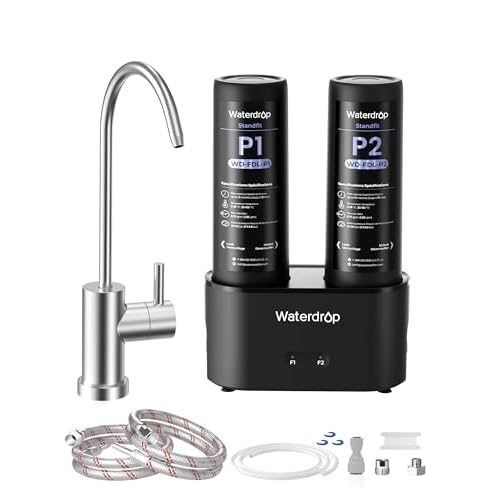 Waterdrop DLG-P Under Sink Water Filter System, Reduces PFAS Chlorine Chloramine Fluoride Odor, 2 Stage Under Sink Water Filtration System with Dedicated Faucet, 2-Outlet Filter, Life Indica
