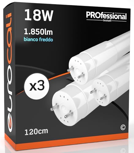 Eurocali Tubo LED 120cm 18W 1850 lumen - Bianco Freddo 6500K - Nano Plastica - Tubo T8 Attacco G13 - Sostituzione Neon - Pacco da 3