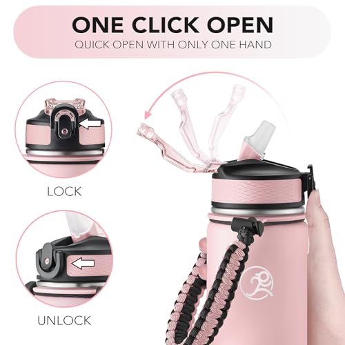 Image of GOSWAG 24oz Insulated Stainless Steel Travel Water Bottle, 2 Lids | with straw and no straw, Paracord handle, Double-wall vacuum keeps drinks cold or hot, Leakproof tumbler