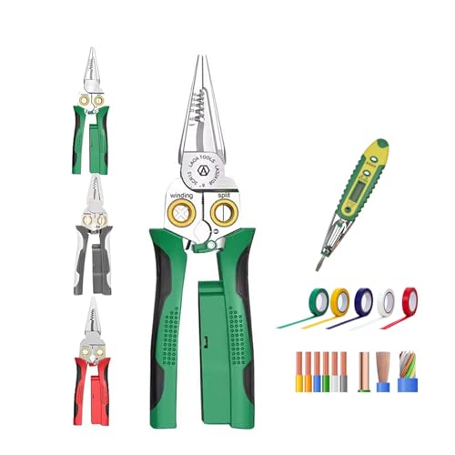 Seese Zange 8 In 1 Abisolierzange Mit Spannungsprüfer Multifunktionales Professionelles Crimpwerkzeug Mit Stiftmultimeter Brechzange Spitzzange Drahtschneiden Ziehen Schaben Pressen(Green)