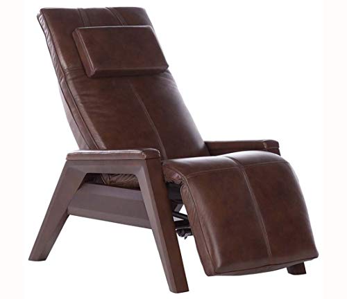 Human Touch Gravis ZG Zero Gravity Leather Massage Chair Recliner with Air Massage and Heat - Mahogany Wood - Saddle Dark Brown Leather