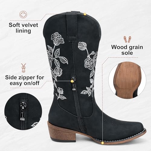 Jeossy Women's Black Western Cowboy Boots Mid Calf Embroidery Flower Cowgirl Boots with Low Heel Side Zipper 9807 Comfy Round Toe Country Music Festival Music Rodeo, Size 6(DJY9807 Black 06) — view 5