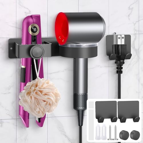 Mittimiya Soporte para secador de pelo de pared sin taladrar con dos ganchos, soporte para secador de pelo y plancha de pelo, soporte de acero inoxidable, soporte para secador de pelo, soporte para