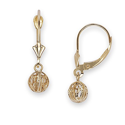 14k Yellow Gold Dangling Ornate Open Ball Leverback Earrings (5mm