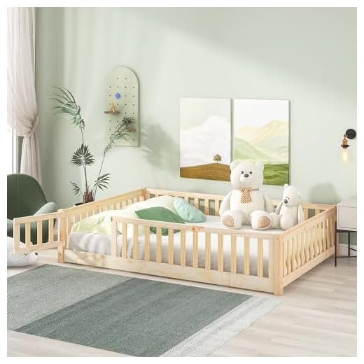 LostCat Full Size Floor Bed Frame with Safety Fence and Door, Wood Montessori Floor Bed with Slat Support,Toddler Floor Bed Frame for Kids Girls Boys,No Box Spring Needed, Natural