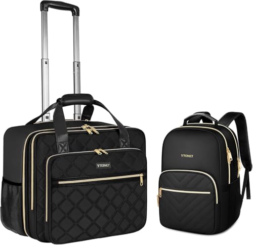 Ytonet Rolling Briefcase for Women, 2pcs Set 15.6 Inch Travel Backpack with 17.3 Inch Rolling Laptop Bag, Large Roller Laptop Briefcase with Wheels, Water Resistant Roller Teacher Bag for work, Black