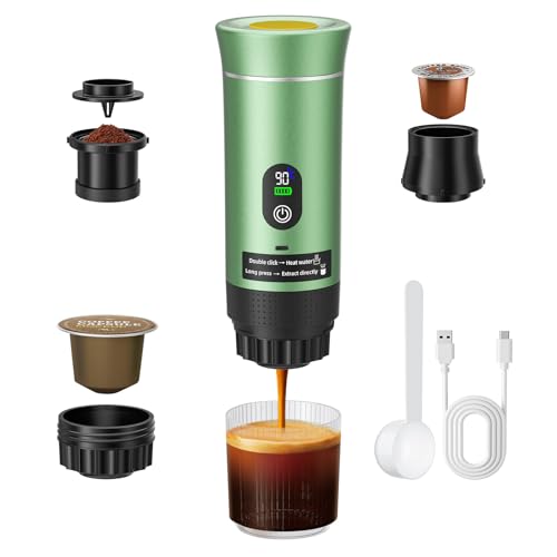 Trsaow Cafetera espresso portátil, cafetera eléctrica 3 en 1 para camping, autocalentamiento, mini cafetera compatible con café molido y cápsulas de café (verde)