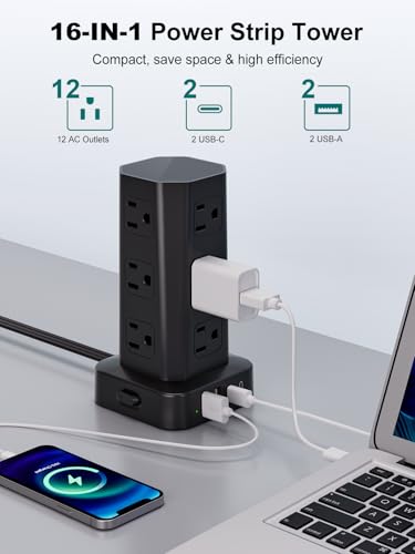 Power Strip Tower Surge Protector, 6FT Flat Plug Extension Cord with Multiple Outlets, 12 AC Outlets 4 USB (2 USB C), Desktop Charging Station with Surge Protection for Home Office Dorm Room, Black - Image 3