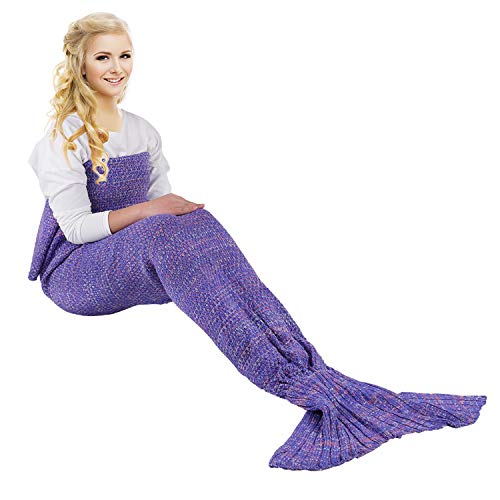 eCrazyBaby Manta de Cola de Sirena ponible, Todas Las Estaciones cálido sofá Cama Sala de Estar Manta De Punto De Ganchillo para niños y Adultos, Classic Patrón, 180 x 90 cm, Púrpura