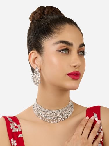 Image of ZAVERI PEARLS Silver Tone Dazzling Cubic Zirconia Brass Choker Necklace & Earring Set For Women-ZPFK17340