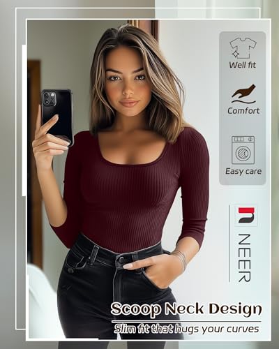 Neer 3 Pack 3/4 Sleeve Tops for Women, Cotton Scoop Neck Ribbed Three Quarter Sleeve Summer Slim T-Shirts Casual Basic Tees4