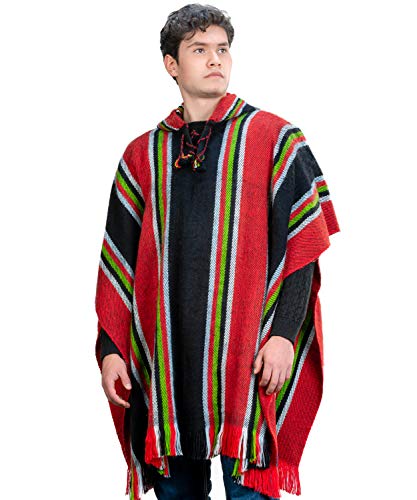 Traditional Hooded Poncho for Men in Black and Red Alpaca Wool - Cloak Cape for Winter