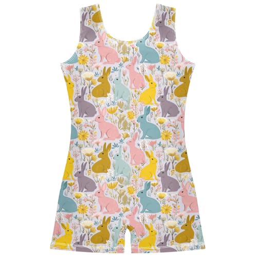Aflyko Easter Little Girl Gymnastics Leotard with Shorts Rabbit Flower Colorful One-Piece Activewear Soft Stretchy Tank Tops Fun Fashion Dance Outfit 7-8T
