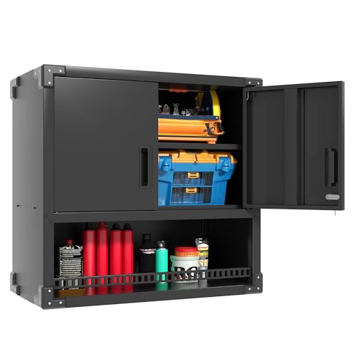 BIZOEIRON Garage Wall Cabinet with Doors and Shelves, Wall Mounted Metal Storage Cabinet with Open Storage, Lockable Hanging Tool Cabinet for Garage Utility Room, Black