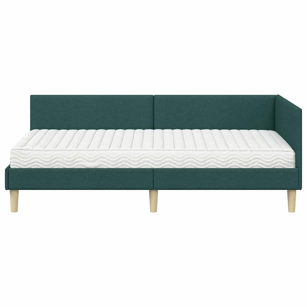 Stelaż łóżka narożnego z materacem, zielony materiał, 204 x 104 x 72 cm, ze stelażem i miękkim zagłówkiem, łóżko pojedyncze do sypialni, stabilne łóżko tapicerowane z oddychającego materiału