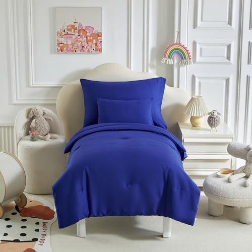 Image of Kids Comforter Sheet Set - Soft and Breathable Bed Set Includes Quilted Comforter, Fitted Sheet, Flat Top Sheet, Pillowcase and Toddler Pillowcase for Toddler - 5 Pieces Toddler Bedding Set Navy
