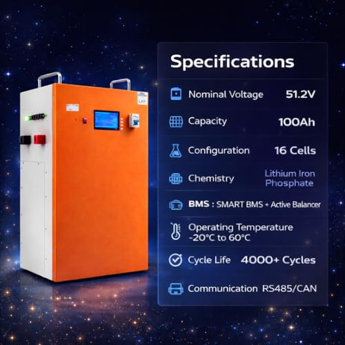 Image of MuscleGrid 51.2V LiFePO4 Battery with Smart BMS & Active Balancer | RS485 & CAN Communication | 50 Years Life | 5 Year Warranty (100AH)