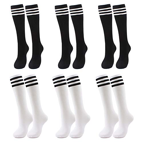 Soccer socks youth boys,kids football socks, sport team white black knee high socks for youth boys girls kids, best for running,6 pairs soccer socks for kids (7-12 years old)