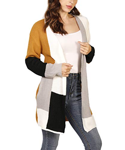 JUNBOON Womens Boho Open Front Cardigan Colorblock Long Sleeve Loose Knit Lightweight Sweaters Camel