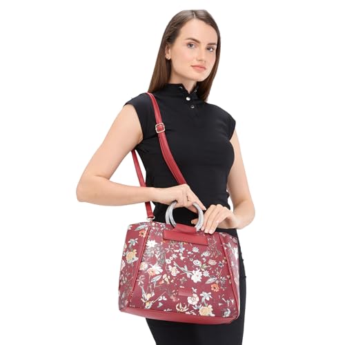 Image of Caprese Fiorella Satchel, Burgundy-Large | Stylish Floral Printed Shoulder Bag for Women with Adjustable Sling Strap | Easy Back Access Pocket & Spacious | Perfect for Office & Daily Essentials