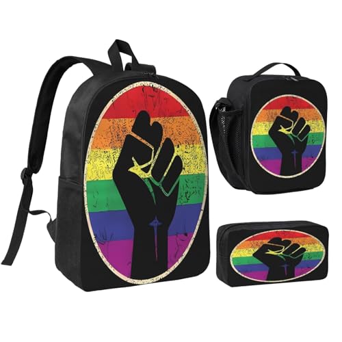 LGBT Rainbow Gay Pride Flag Hands clenched fist support 17 Inch Backpack Sets Lunch Bag Lightweight Daypack for Men Women 3Pcs