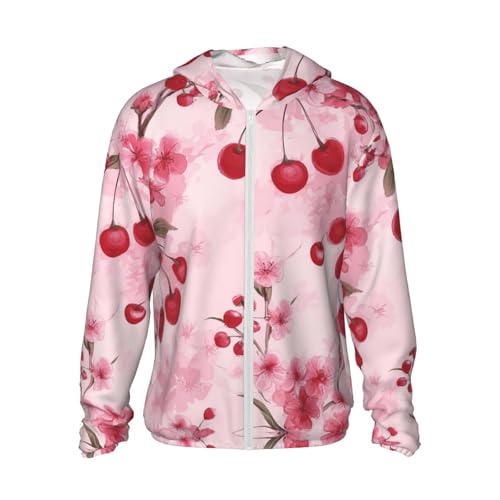 UPF 50+ Sun Protection Hoodie Rash Guard Long Sleeve Sun Shirt Pink Cherry Floral UV Shirt Full Zip Jacket