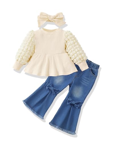 Renotemy Toddler Baby Girl Clothes Fall Winter Outfit Puff Bubble Sleeve Sweatshirt Denim Bell Bottom Jeans Matching Outfits