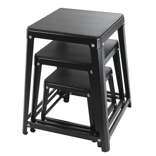 Yoloyakidra Steel Plyometric Jump Box Set of 3 Black, 12/18/24 Inch High Anti-Slip Plyo Box for Home Gym Conditioning and Strength Training