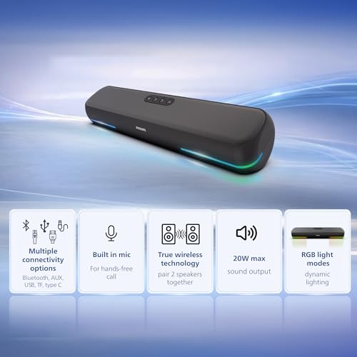 Philips TAB4120BK/94 Wireless Bluetooth Soundbar, 20W, 8H Playtime, Bluetooth 5.1, TWS Mode, RGB Light, LED Indicator, Built-in Mic, Voice Assistant, AUX/USB/TF card input, USB-C Charging (Deep Black) view 2