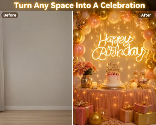 Image of Quace Happy Birthday LED Neon Sign, Warm White Neon Light for Birthday Decoration, Wall Hanging & Table Display, Acrylic LED Party Light with Adapter, 40.6 x 20.3 cm for Home, Events & Photo Backdrop