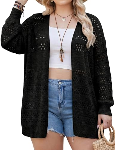 Image of IN'VOLAND Womens Plus Size Crochet Cardigan Lightweight Long Sleeve Open Front Oversized Boho Sweaters Kimonos