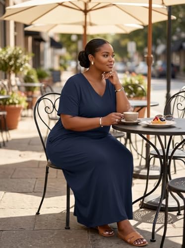 Image of SUZONANA Women Casual T-Shirt Dress V Neck Short Sleeve Solid Color Oversize Dress with Front Two Pockets