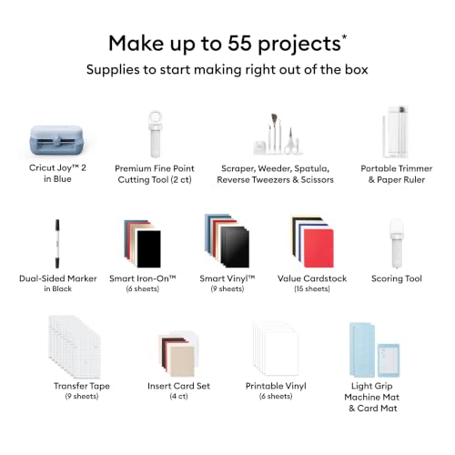Image of Cricut Joy 2 + Deluxe Bundle, Blue | Includes Supplies for 55 Projects + Bonus Digital Content - Perfect for Making Cards, Stickers, Labels, & More