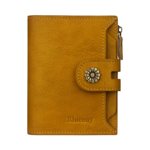 Image of RFID Blocking Womens Wallet,Genuine Leather Compact Small Wallet | (Bright Yellow)16credit card slots,4xid window,1xcoin zipper pocket,2xfull-length compartments,1 Removable ID Window