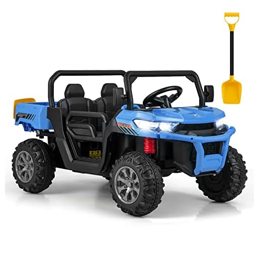 OLAKIDS 2 Seater Ride On UTV, 12V Kids Electric Vehicle Dump Truck with Remote Control, Dump Bed and Extra Shovel, Toddlers Battery Powered Car with Music, USB, AUX, Rocking Function (Blue)