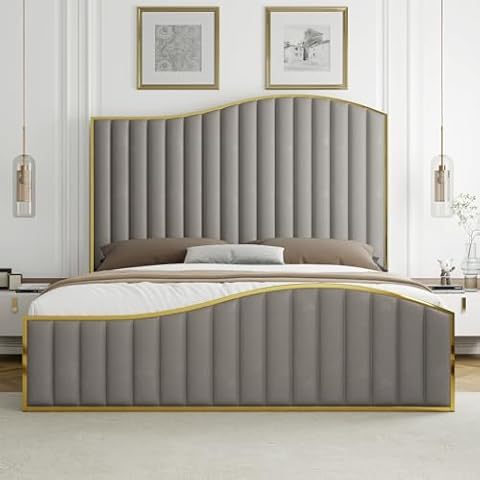HOWE Queen Size Harp Bed Frame, Velvet Upholstered Platform Bed with 61.4" Vertical Channel Gold Trim Headboard & Footboard/Wooden Slats/No Box Spring Needed/Light Grey Cover
