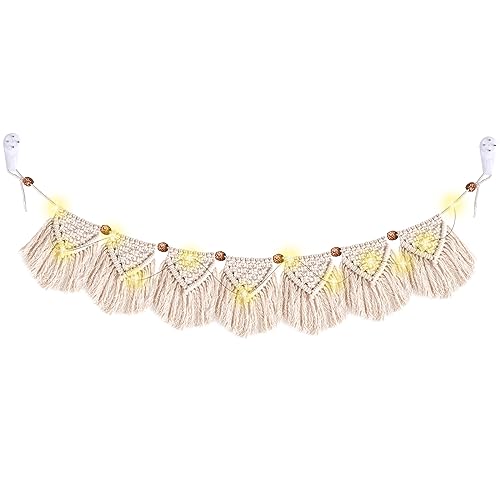 YAKLEE Tapiz de Pared de Macramé 132x 14cm Tapiz Colgante Pared de Macrame Boho con 1 Luces LED para Decorar Salón, Dormitorio, Boda, Banner de Guirnalda Flecos para Adornar Pared Habitacion