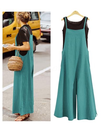 Image of YESNO Women Casual Loose Long Bib Pants Wide Leg Jumpsuits Baggy Cotton Rompers Overalls with Pockets PZZTYP2