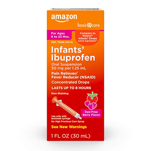 Amazon Basic Care Infants' Ibuprofen Oral Suspension, Pain Reliever and Fever Reducer, 50 mg/1.25 mL, Berry Flavor Concentrated Drops, Dye-Free, 1 fl oz (Pack of 1)