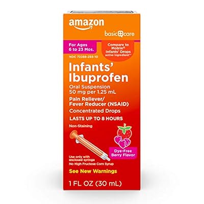 Amazon Basic Care Infants' Ibuprofen Oral Suspension, Pain Reliever and Fever Reducer, 50 mg/1.25 mL, Berry Flavor Concentrated Drops, Dye-Free, 1 fl oz (Pack of 1)