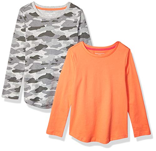 Amazon Essentials Girls' 2-Pack Long-Sleeve Tees Fashion-t-Shirts, Grey Camo/Coral, XS