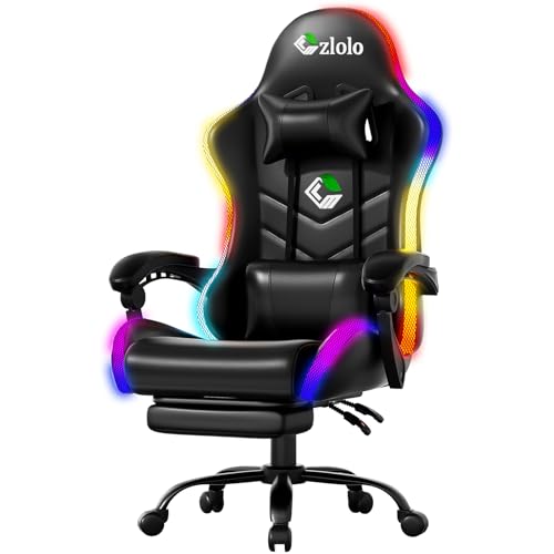 Image of Czlolo Gaming Chair, RGB LED Lights Computer Chair with Footrest, Lumbar Support Massager Gamer Chair, High Back, 90-135 Reclining, Linkage Armrests, Black