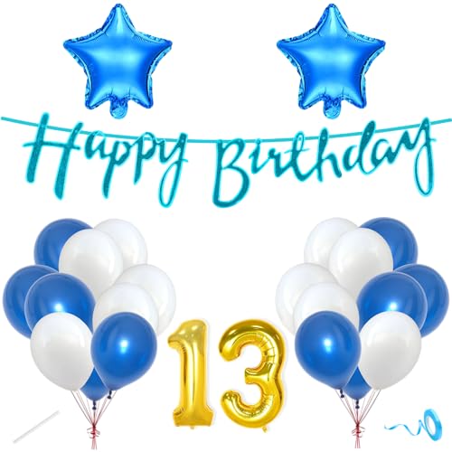 Image of Flyloons 13th Happy Birthday Decoration Kit Blue White for Boys Girls Kids Twins Men Women With 20 Pcs Metallic Balloons Birthday Banner 2 Pcs Star Items Set
