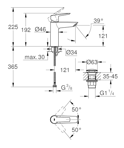 GROHE Start, Waschtischarmatur, wassersparend (Wasserhahn für das Bad, Badarmatur mit Pop-Up Ablauf, 19cm hoch, mit 3in1 Werkzeug, einfache Installation am Waschbecken), schwarz, 242042432