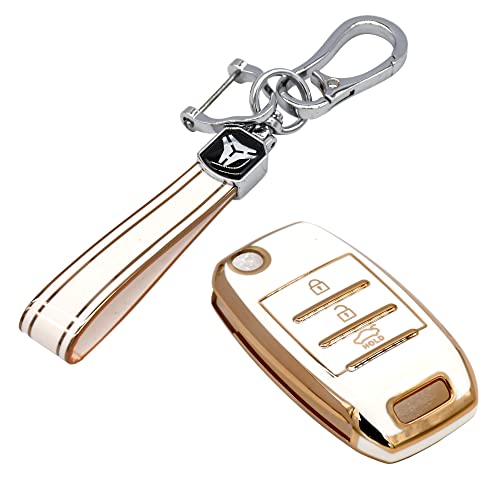 Image of KMH TPU Gold Car Smart Key Cover Compatible for Kia Seltos and Sonet 3 Push Button Smart Flip Key Shell Case Holder, Full Key Protection with Keychain (White Gold) Pack of 2