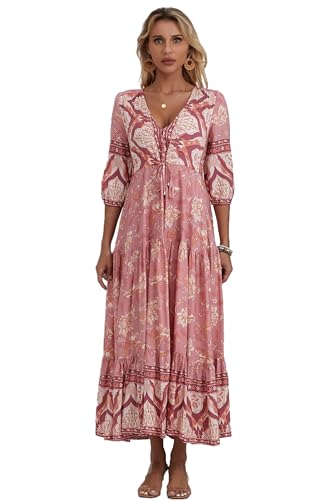 Image of Women Short Sleeve V Neck Floral Print Casual Bohemian Maxi Dresses