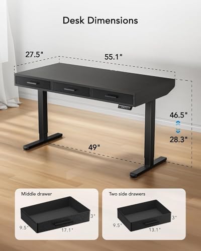 Image of HUANUO Electric Standing Desk with Drawers, C-Clamp Mount Compatible, 55 x 28 Inch Height Adjustable Sit Stand Desk, Fabric Drawers, Home Office Stand Up Desk with 4 Custom Height Settings, Black