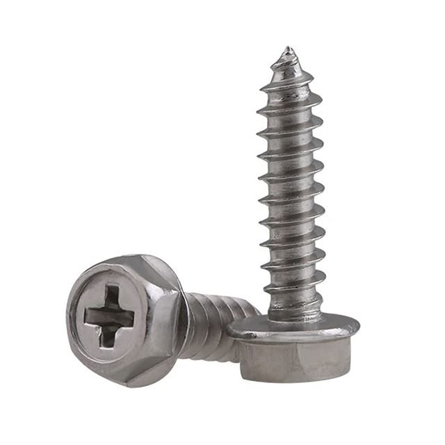 M6 x 45mm (5Pcs) Metric Screws Self-Tapping Screws, Flanged Hex, Phillips Cross, External Hex, Stainless Steel 304, Surface treatment whitening, Machine Thread