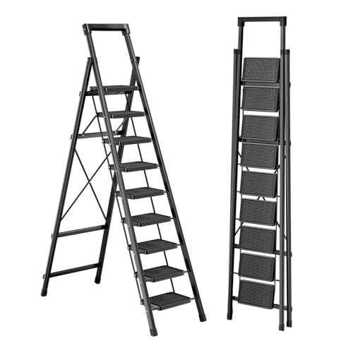 Image of 9 Step Ladder with Platform,Folding Step Stool Heavy Duty,Protable Step Ladders with Anti-Slip Widen Pedals,Handrail,Safe-Lock Design,Tall Kitchen /Closet Step Ladder for Adults